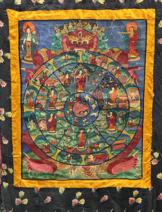 Two Tibetan painted silk thangkas, 19th/20th century, 96cm x 74cm